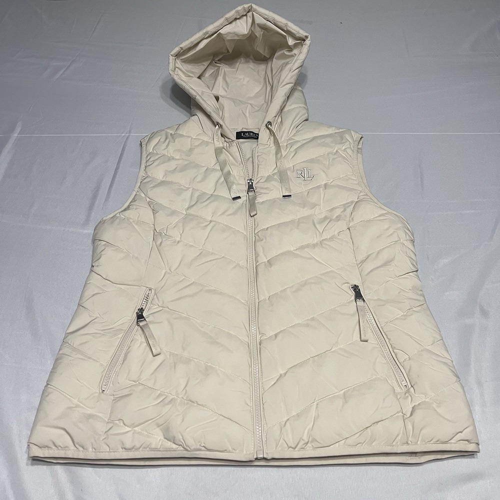 Lauren Ralph Lauren Vest Womens L Cream Puffer Quilted Full Zip Hooded